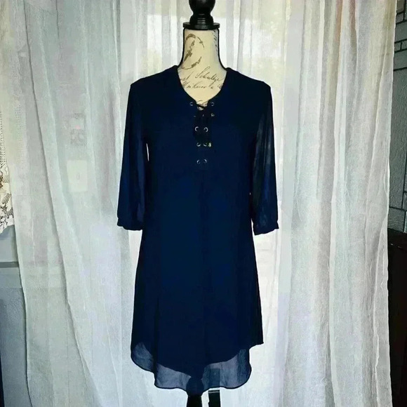 BCX DRESS Size M Womens Blue Lined Tie front Pullover 3/4 sleeve tunic - Picture 2 of 11